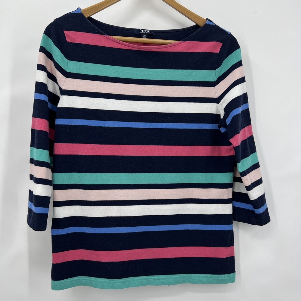 Chaps Tunic Top Women Size L Navy/Pink/Green/White‎ Striped 3/4 Sleeve